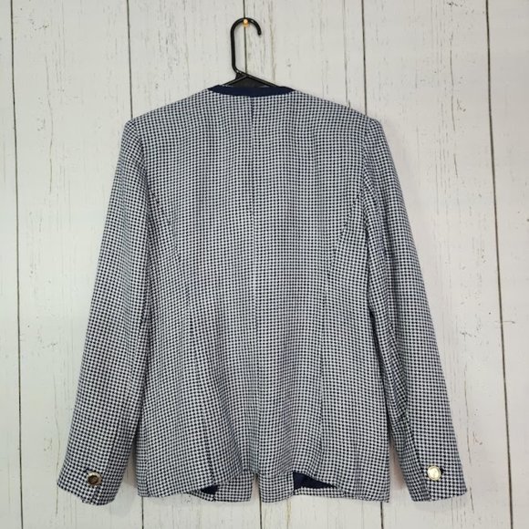Halston Heritage Vintage Blue & White Houndstooth Blazer Jacket Size 8 - Picture 6 of 6
